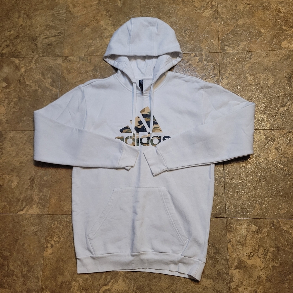 Adidas Sweatshirt Hoodie Mens Small S White Long Sleeve Pullover Camo Logo